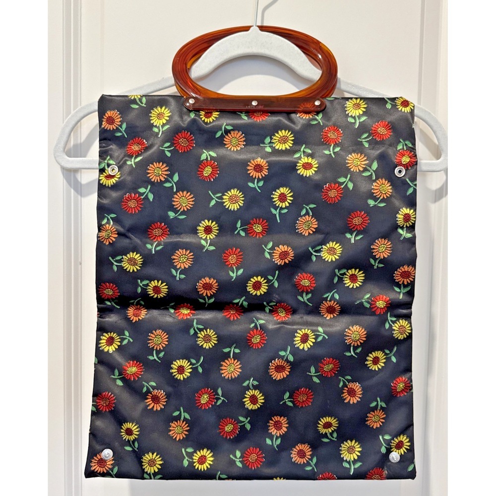 Vintage 1960s Floral Folding Tote Bag Lucite Handles Mod Snap Travel Purse